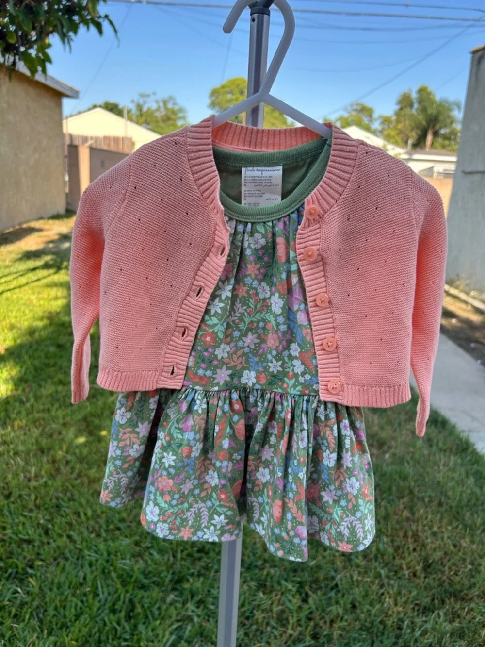 First Impressions Pink Cardigan with Green Floral Dress Set